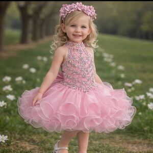 Girls Pink Halter AB Crystal Pageant Cupcake Dress – Glitz Organza Skirt (1Y-5Y